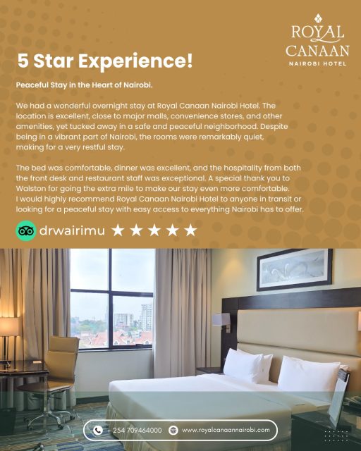 #WeekendMotivation ✨

Weekends are for slowing down, relaxing, and creating memorable experiences.

A heartfelt thank you to drwairimu for the wonderful review! We're delighted you enjoyed our peaceful location, comfortable rooms, exceptional hospitality, and delicious dining. Your kind words inspire us to keep delivering unforgettable stays.

Planning a Nairobi getaway or a convenient transit stay?

🌐 Book Direct: https://royalcanaannairobi.com
📲 WhatsApp: 0780 977 765
.
.
#WeekendMotivation #RoyalCanaanNairobiHotel #BookDirect #NairobiHotels #TravelKenya #GuestExperience #GuestFeedback #FiveStarService #HappyGuests