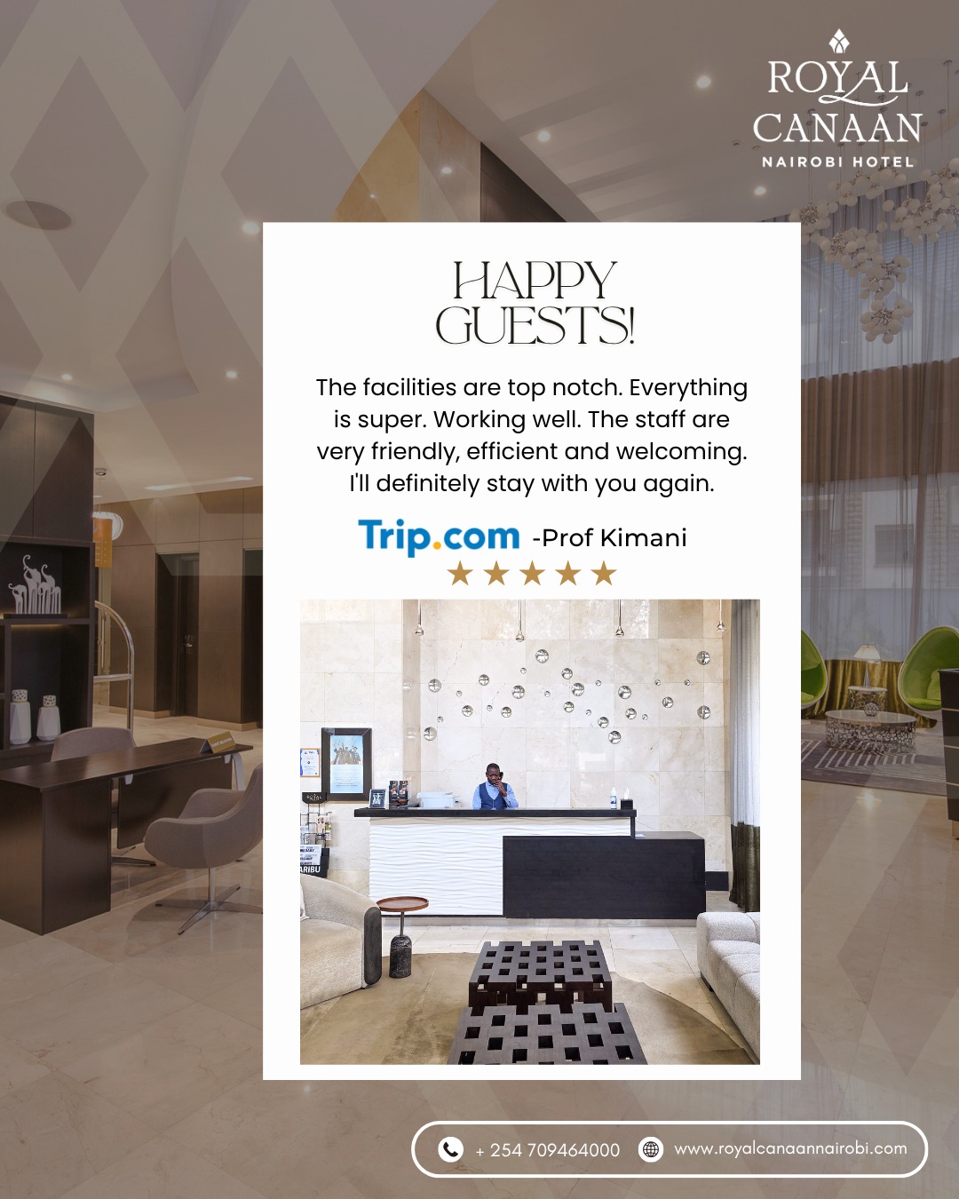 #MondayMotivation ✨

Every new week begins with a promise to serve better than the last.

A heartfelt thank you to Prof. Kimani for your wonderful review. Knowing that our facilities, warm hospitality, and dedicated team made your stay exceptional is the motivation that drives us every day.

Ready for your next stay in Nairobi?

🌐 Book Direct: https://royalcanaannairobi.com
📲 WhatsApp: 0780 977 765
.
.
#MondayMotivation #RoyalCanaanNairobiHotel #BookDirect #NairobiHotels #GuestExperience #GuestFeedback #HappyGuests #GuestReview