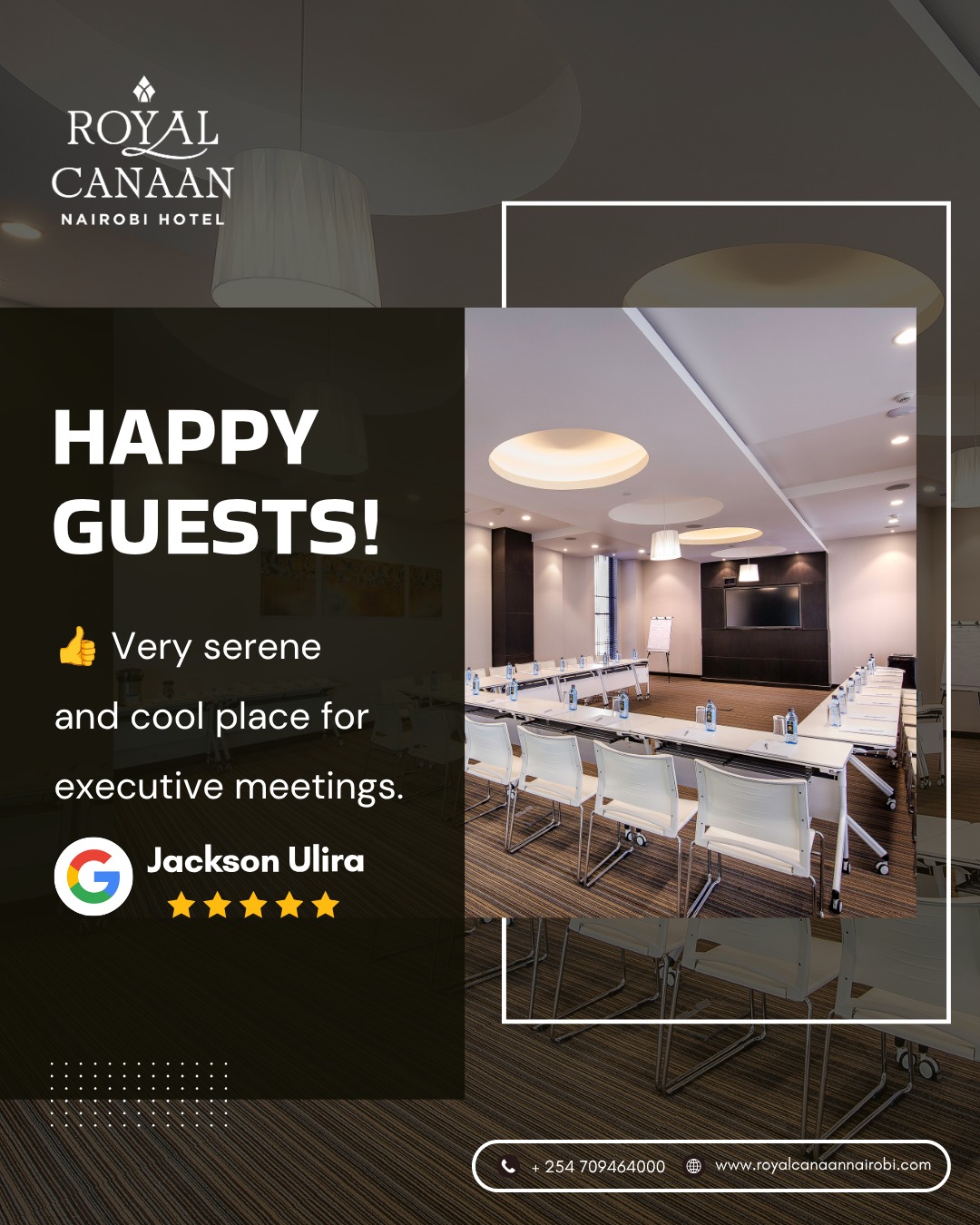 #MidweekMotivation ✨

Successful meetings start with the right environment.

A big thank you to Mr. Jackson Ulira for the wonderful review! We're delighted our conference facilities provided the perfect setting for productive executive meetings.

Planning your next board meeting, workshop, or corporate event? Let @royalcanaannairobihotel provide the space, comfort, and service your team deserves.

📅 Check availability today & Book your dates.

🌐 https://royalcanaannairobi.com (Link in bio)
📲 WhatsApp: 0780 977 765

#MidweekMotivation #RoyalCanaanNairobiHotel #BusinessHotel #MeetingVenue #MICE #ConferenceVenue #CorporateEvents #MeetingsMadeEasy