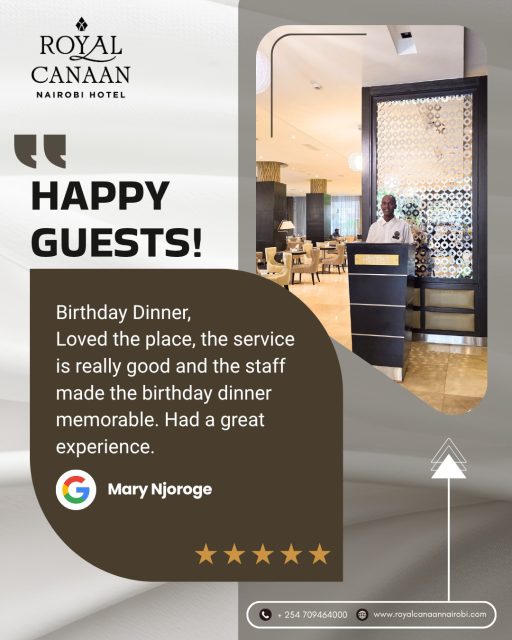 #MondayMotivation ✨

Every smile we create is the motivation that keeps us going.

A heartfelt thank you to Ms. Mary Njoroge for celebrating your special day with us. We're delighted our team made your birthday dinner a memorable one. Moments like these inspire us to create unforgettable experiences for every guest.

Plan your stay | Book Your events 🌐 https://royalcanaannairobi.com (link in bo)
.
.
#MondayMotivation #RoyalCanaanNairobiHotel #BookDirect #GuestExperience #CelebrateWithUs #NairobiHotels 
@royalcanaannairobihotel