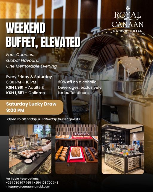 🍽️ Weekend Buffet, Elevated.

Great food. Global flavours. One memorable evening.

✨ Four-course buffet
🍷 20% off alcoholic beverages
🎁 Saturday Lucky Draw at 9:00 PM

📅 Every Friday & Saturday | 6:30 PM – 10:00 PM
💬 DM us to reserve your table.

#RoyalCanaanNairobiHotel #WeekendBuffet #MosaicRestaurant #NairobiDining #FoodiesKE #BuffetNairobi