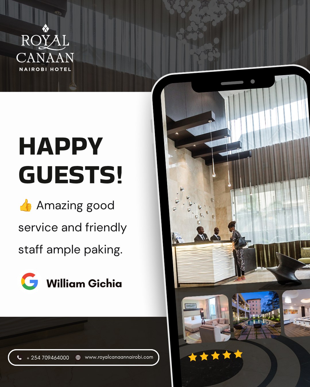 #MondayMotivation ✨

Great experiencces begin with great service.

A big thank you to Mr. William Gichia for appreciating our friendly team and service. We’re proud to create a welcoming, professional environment where meetings and events run smoothly.

Planning your next stay, conference, meeting, workshop or corporate event?

📅 Check availability with us today.

🌐 Book Direct: https://royalcanaannairobi.com
📲 WhatsApp: 0780 977 765

#MondayMotivation #RoyalCanaanNairobiHotel #GuestExperience #GuestFeedback #HappyGuest #MICE #ConferenceVenue #CorporateEvents #BusinessHotel