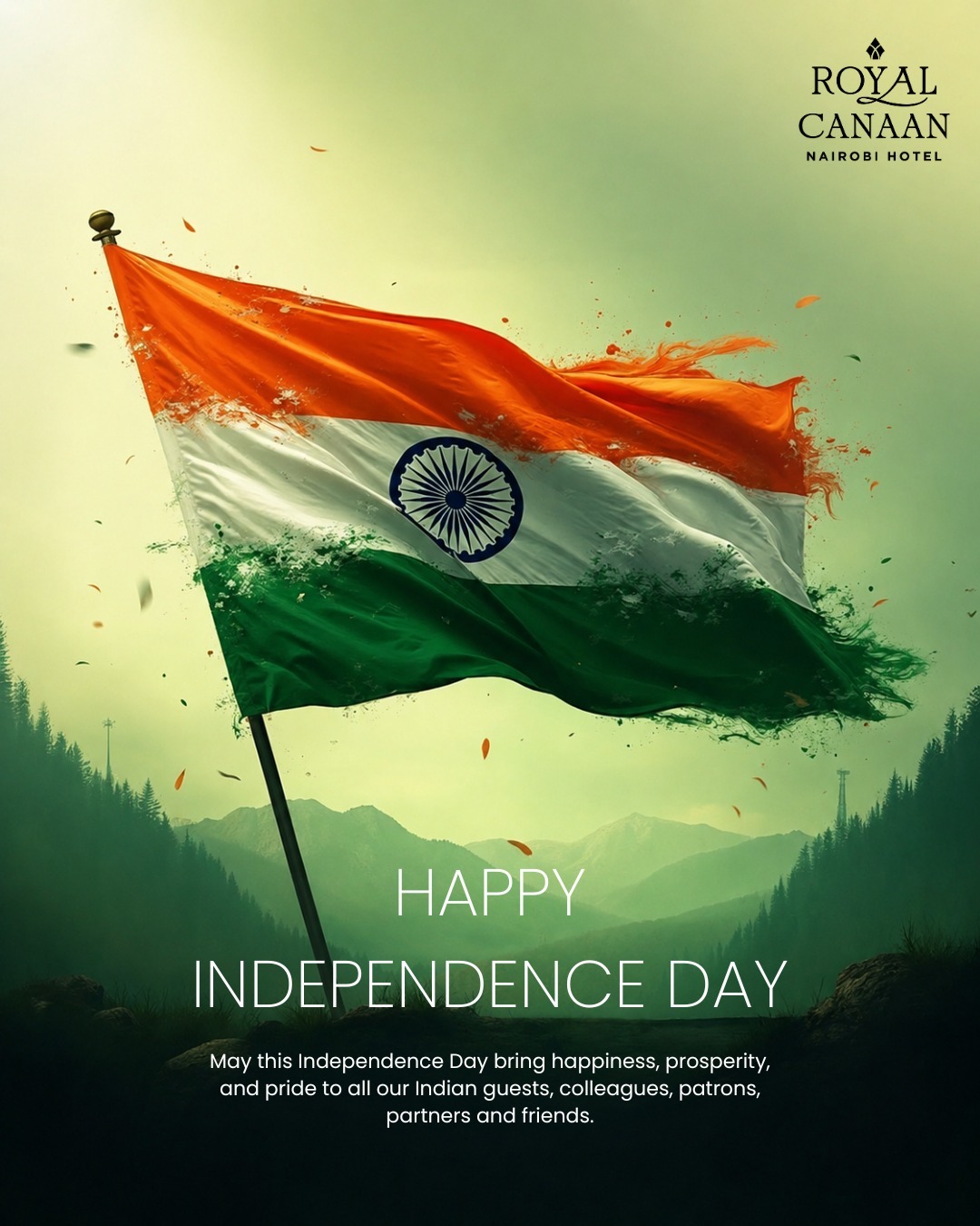 Happy Independence Day to all Indians in Kenya and across the world! 🇮🇳

On this important day, we extend our warm wishes as we commemorate the spirit of freedom, unity and national pride that India’s Independence Day represents.

May the tricolour continue to inspire hope, strength and prosperity for generations to come.

From all of us at @royalcanaannairobihotel , wishing all Indians around the world a meaningful and proud Independence Day. 🇮🇳✨
.
.
#HappyIndependenceDay #IndiaIndependenceDay #IndependenceDay2026 #IndianCommunity #RoyalCanaanNairobi #NairobiHotel