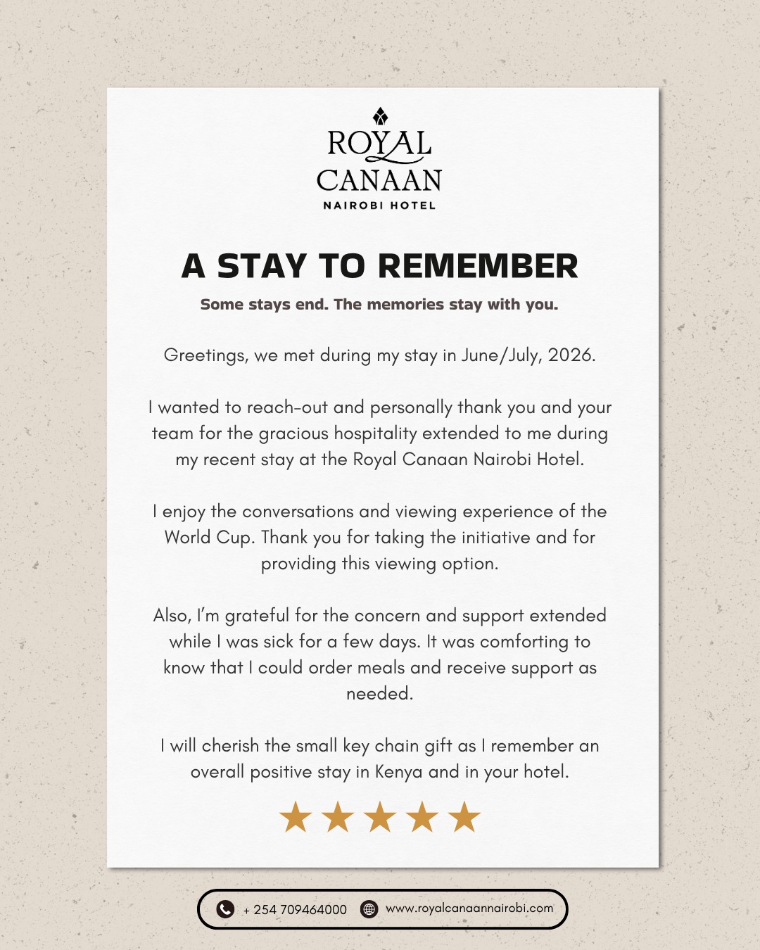 Some stays end, but the memories stay with you. 💛

Nothing means more to us than knowing a guest leaves @royalcanaannairobihotel  with warm memories of genuine hospitality, thoughtful care and special moments.

Thank you for your kind words and for allowing us to be part of your Nairobi journey. We look forward to welcoming you again. ✨

In #Nairobi? Come experience our hospitality for yourself. 
Book your stay direct with us today.

📞 +254 709 464 000 🌐 www.royalcanaannairobi.com (Link in bio)
.
.
#RoyalCanaanNairobiHotel #FiveStarReview #GuestFeedback #HappyGuests #GuestReview #NairobiHotel #NairobiStays #KenyaHospitality #BookDirect