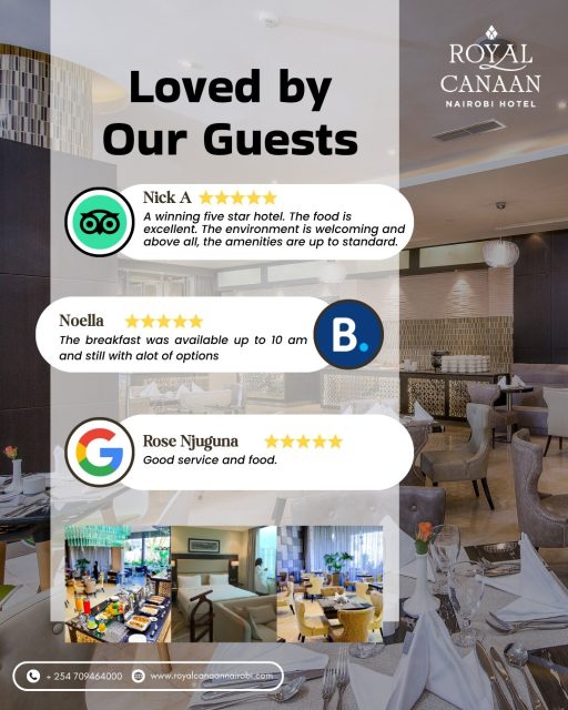 Loved by our guests. Chosen for the experience. ✨

From excellent food and welcoming spaces to comfortable rooms, generous breakfast options and attentive service — our guests have plenty to say. ⭐⭐⭐⭐⭐

Whether you're in #Nairobi for business or leisure, enjoy the convenience of a city hotel close to the CBD and key business destinations, with everything you need under one roof.

🍽️ Reserve your table or 🏨 Check availability & Book Direct

🌐 https://royalcanaannairobi.com (link in bio) 📲 WhatsApp: 0780 977 765
.
.
#RoyalCanaanNairobiHotel #NairobiHotels #GuestReview #GuestFeedback #FiveStarExperience #BookDirect #NairobiDining #GuestExperience