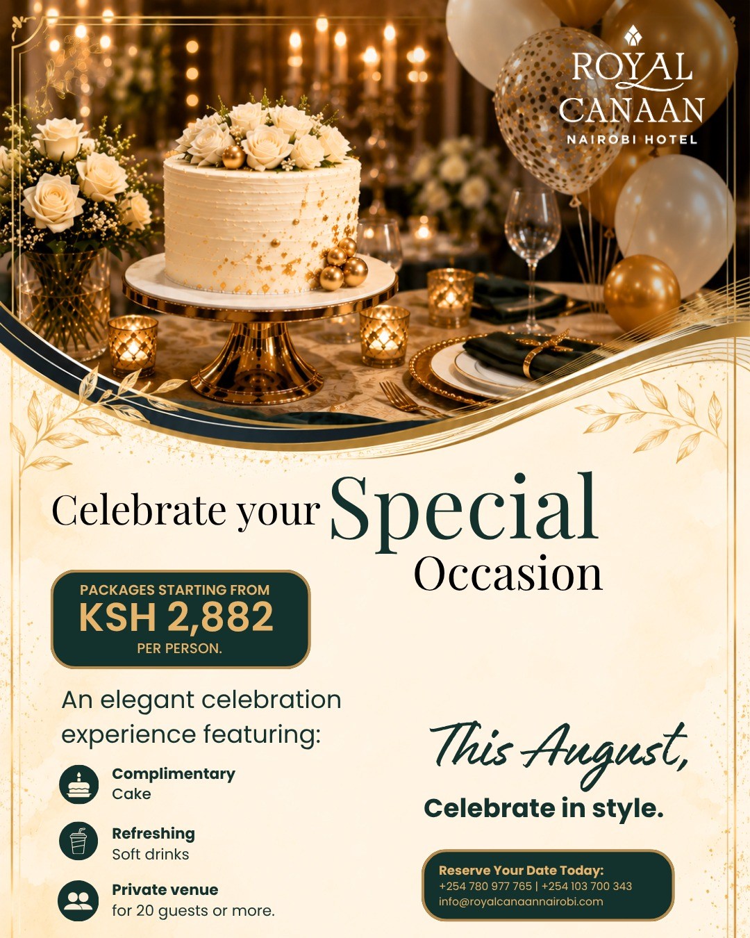 Every celebration deserves a beautiful setting.

From birthdays and anniversaries to baby showers, graduations and intimate gatherings, let Royal Canaan Nairobi Hotel make your special day truly memorable.

🎂 Packages starting from KSh 2,882 per person
✔ Complimentary cake ✔  Soft drinks ✔ Private venue for 20+ guests

📅 Book Your Preferred Date in Advance.

📲 +254 780 977765
WhatsApp us or send us a DM to check availability and reserve your preferred date today.
.
.
#RoyalCanaanNairobiHotel #EventSpaces #EventVenue #PrivateEvents #SpecialOccasions #NairobiEvents #BirthdayCelebration #AnniversaryParty #PrivateParty