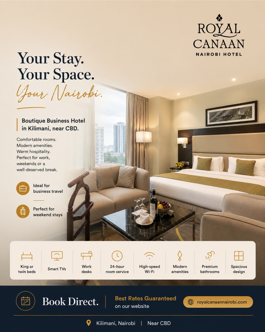 Whether you’re in #Nairobi for work, a weekend escape, or simply a little time to unwind, find comfort and convenience at @royalcanaannairobihotel .

📍 Kilimani | Near CBD
🛏️ Comfortable rooms | High-speed Wi-Fi | Smart TVs | 24-hour room service

Book Direct. Best Rates Guaranteed on our website.
🌐 royalcanaannairobi.com (Link in bio)
.
.
#RoyalCanaanNairobiHotel #BookDirect #BusinessHotel #CityHotel #NairobiHotels #KilimaniHotels #BusinessTravel #WeekendStay #NairobiStay #NairobiCBD