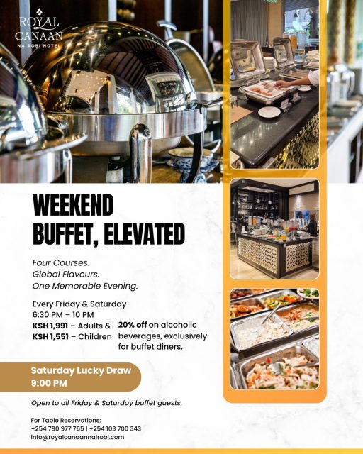 Four courses. Global flavours. One memorable evening. 🍽️

Join us at Mosaic Restaurant every Friday & Saturday for a buffet experience worth looking forward to.

🍴 Adults Ksh 1,991 | Children Ksh 1,551
🍷 20% off alcoholic beverages for buffet diners
🎁 Saturday Lucky Draw at 9 PM

💬 DM or WhatsApp us to reserve your table.

#WeekendBuffet #NairobiDining #Foodies #MosaicRestaurant #BuffetDinner #NairobiRestaurants #WeekendPlans #RoyalCanaanNairobiHotel #FamilyDining