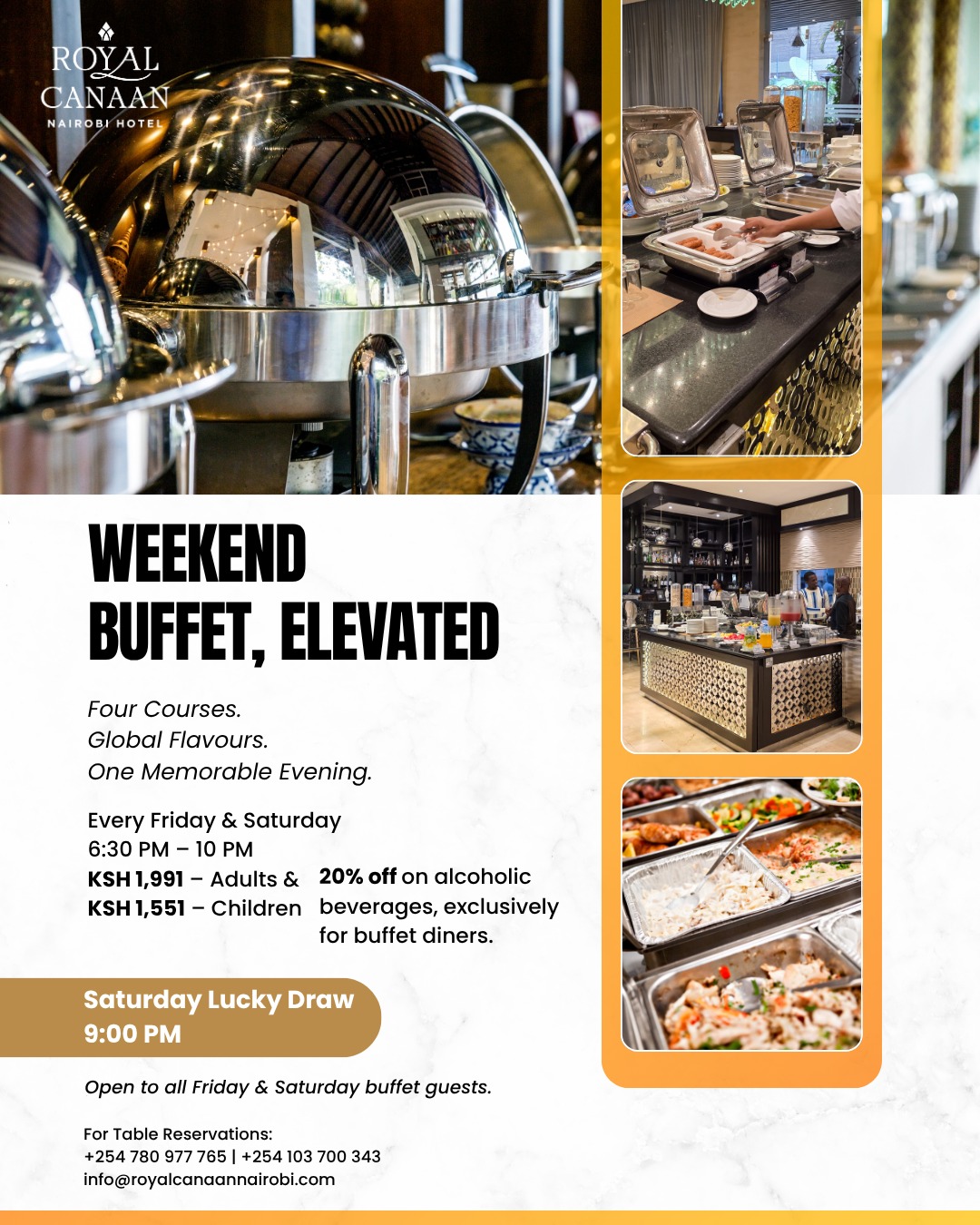 Four courses. Global flavours. One memorable evening. 🍽️

Join us at Mosaic Restaurant every Friday & Saturday for a buffet experience worth looking forward to.

🍴 Adults Ksh 1,991 | Children Ksh 1,551
🍷 20% off alcoholic beverages for buffet diners
🎁 Saturday Lucky Draw at 9 PM

💬 DM or WhatsApp us to reserve your table.

#WeekendBuffet #NairobiDining #Foodies #MosaicRestaurant #BuffetDinner #NairobiRestaurants #WeekendPlans #RoyalCanaanNairobiHotel #FamilyDining