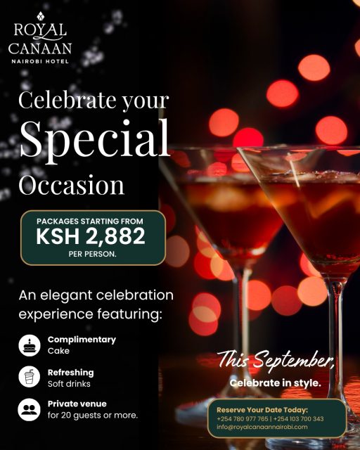 Every celebration deserves a beautiful setting.

From birthdays and anniversaries to baby showers, graduations and intimate gatherings, let @royalcanaannairobihotel  make your special day truly memorable.

🎂 Packages from KSh 2,882 per person
✔ Complimentary cake ✔  Soft drinks ✔ Private venue for 20+ guests

📅 Book Your Preferred Date in Advance
📲 +254 780 977765

WhatsApp us or send us a DM to check availability and reserve your preferred date today.
.
.
#RoyalCanaanNairobiHotel #EventSpaces #EventVenue #PrivateEvents #SpecialOccasions #NairobiEvents #BirthdayCelebration #AnniversaryParty #PrivateParty