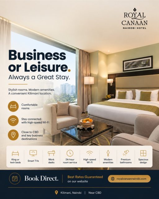 In Nairobi for work or planning a weekend escape? Stay close to where it all happens, with the comfort and convenience you need.

📍 @royalcanaannairobihotel | Kilimani, near CBD
🛏️ Comfortable rooms • High-speed Wi-Fi • Modern amenities

Book Direct. Best Rates Guaranteed on our website.
🌐 royalcanaannairobi.com

#RoyalCanaanNairobi #NairobiHotels #KilimaniHotels #BusinessTravel #WeekendGetaway #NairobiStay #HotelInNairobi #TravelKenya #StayInNairobi