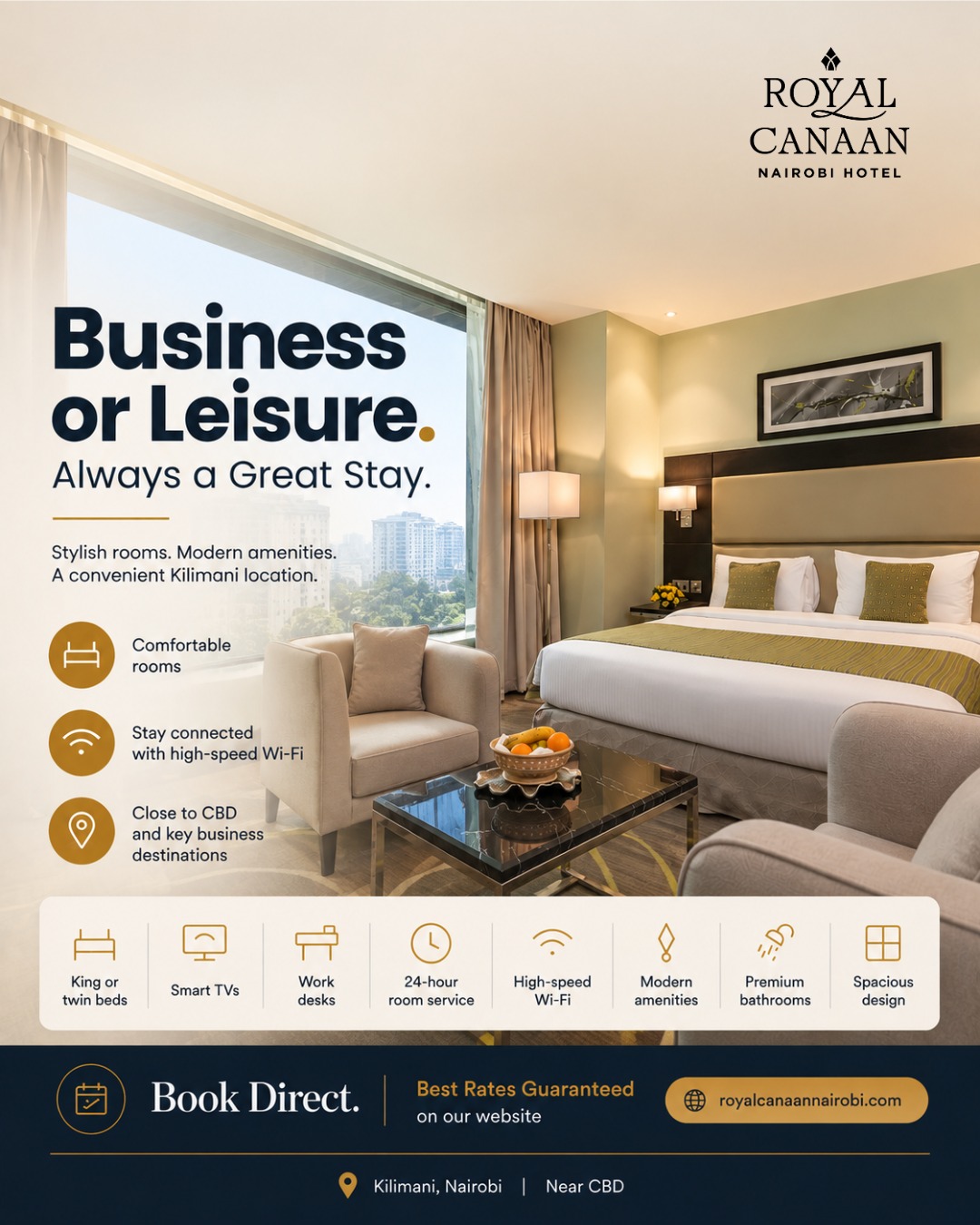 In Nairobi for work or planning a weekend escape? Stay close to where it all happens, with the comfort and convenience you need.

📍 @royalcanaannairobihotel | Kilimani, near CBD
🛏️ Comfortable rooms • High-speed Wi-Fi • Modern amenities

Book Direct. Best Rates Guaranteed on our website.
🌐 royalcanaannairobi.com

#RoyalCanaanNairobi #NairobiHotels #KilimaniHotels #BusinessTravel #WeekendGetaway #NairobiStay #HotelInNairobi #TravelKenya #StayInNairobi
