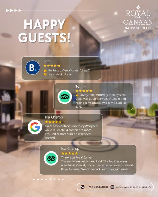 Good stays. Great service. Happy guests. ✨

From excellent coffee and friendly staff to comfortable rooms, helpful service and well-equipped conference facilities — our guests appreciate the experience at @royalcanaannairobihotel . ⭐⭐⭐⭐⭐

Located close to Nairobi’s CBD and key business destinations, we’re a convenient choice for business stays, meetings and corporate gatherings.

🏨 Planning a business stay? Check availability.
🌐 Book Direct: https://royalcanaannairobi.com

🍽️ Dining with us? Reserve your table.
📲 WhatsApp: 0780 977 765
.
.
#RoyalCanaanNairobiHotel #GuestExperience #GuestFeedback #BusinessTravel #NairobiHotels #MICE #FiveStarExperience #BookDirect #GuestSatisfaction