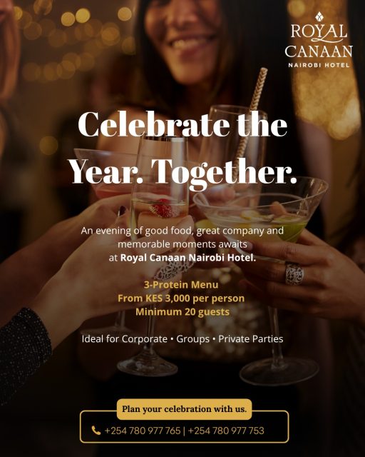 Planning your year-end celebration? 🥂

Host your team, clients or guests together for an evening of good food, great company and memorable moments at Royal Canaan Nairobi Hotel.

Our 3-Protein Menu starts from KES 3,000 per person, with a minimum of 20 guests — ideal for corporate end-of-year parties, group celebrations and private events.

♿ Our venues are PLWD-friendly, ensuring your celebration is welcoming and accessible to all your guests.

Make it a celebration worth remembering. ✨

📞 Plan your celebration with us | Reserve Now:
+254 780 977 765 | +254 780 977 753
.
.
#RoyalCanaanNairobiHotel #YearEndCelebration #CorporateEvents #EndYearParty #NairobiEvents #CorporateParties #PrivateEvents #GroupCelebrations #NairobiHotels