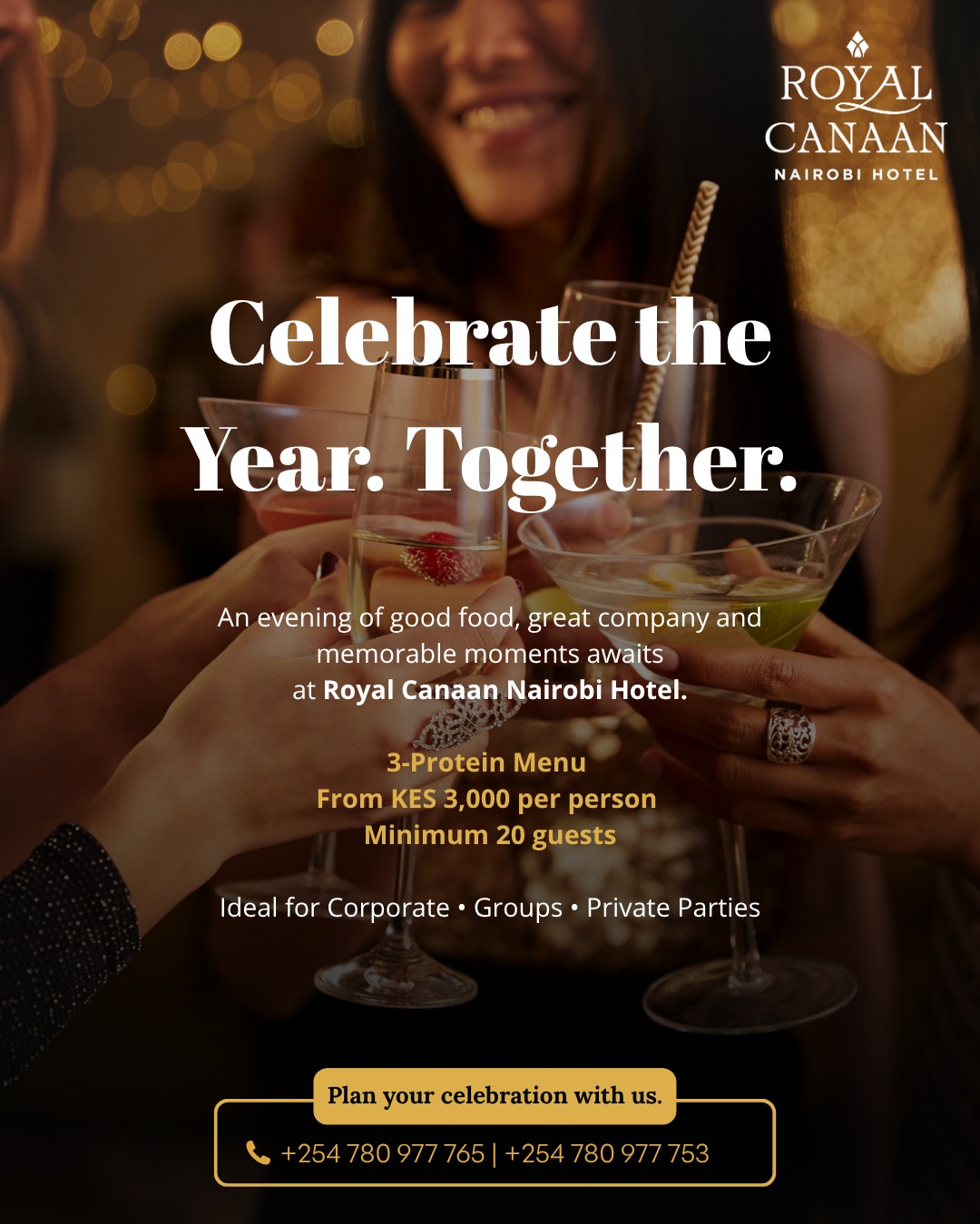 Planning your year-end celebration? 🥂

Host your team, clients or guests together for an evening of good food, great company and memorable moments at Royal Canaan Nairobi Hotel.

Our 3-Protein Menu starts from KES 3,000 per person, with a minimum of 20 guests — ideal for corporate end-of-year parties, group celebrations and private events.

♿ Our venues are PLWD-friendly, ensuring your celebration is welcoming and accessible to all your guests.

Make it a celebration worth remembering. ✨

📞 Plan your celebration with us | Reserve Now:
+254 780 977 765 | +254 780 977 753
.
.
#RoyalCanaanNairobiHotel #YearEndCelebration #CorporateEvents #EndYearParty #NairobiEvents #CorporateParties #PrivateEvents #GroupCelebrations #NairobiHotels