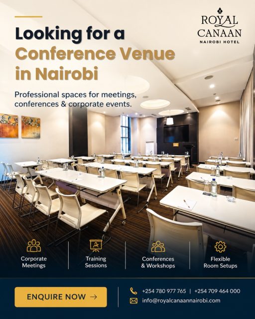 🔰 Planning your next meeting or conference in Nairobi?

Bring your team together at @royalcanaannairobihotel , with professional meeting spaces designed for corporate meetings, training sessions, workshops and conferences.

From flexible room layouts and audio-visual facilities to customised catering options, we’ll help you plan an event that works for your team.

👉 Whether you’re organising a business meeting, a training programme or a corporate conference, let’s make it happen.

Call us to discuss your requirements: 
📞 +254 780 977 765 | +254 709 464 000
📧 info@royalcanaannairobi.com

🔰 Enquire early to discuss your dates, delegate numbers and package.
.
.
#RoyalCanaanNairobiHotel #Conferences #BusinessHotel #MeetingsInNairobi #ConferenceVenueNairobi #CorporateEvents #BusinessMeetings #NairobiHotels