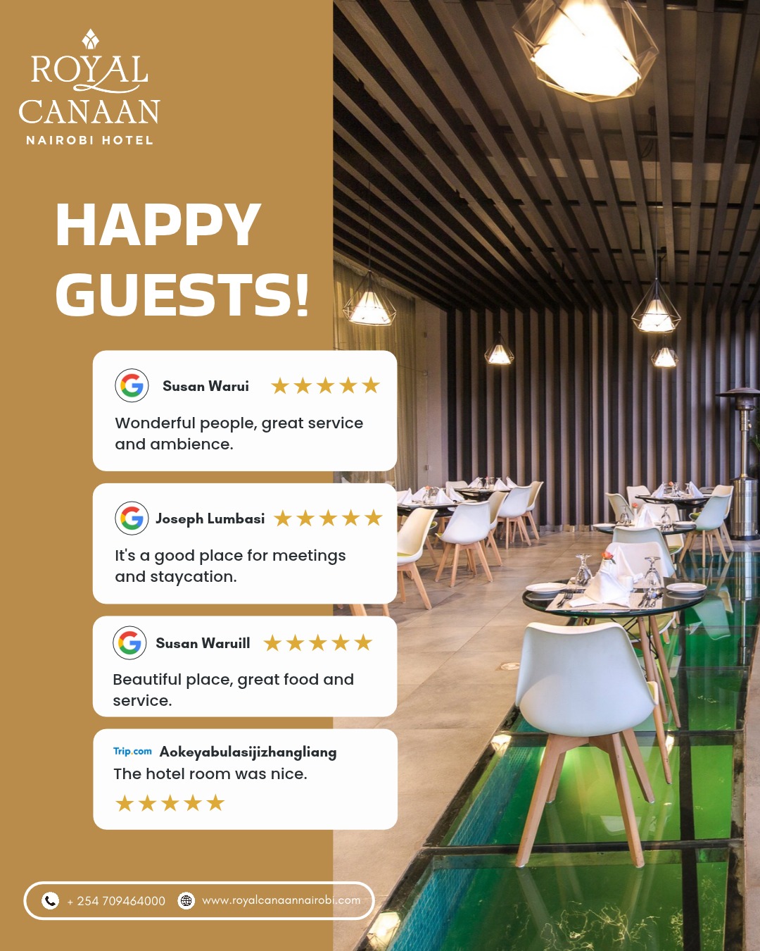 From comfortable stays and convenient business meetings to delicious food and welcoming hospitality, we're grateful to our guests for reminding us what makes @royalcanaannairobihotel  special. ⭐

Located near Nairobi's CBD and key business destinations, we're here for your business trips, staycations, meetings and dining experiences.

🏨 Planning a business stay? Check availability.
🌐 Book Direct: https://royalcanaannairobi.com

🍽️ Joining us for a meal? Reserve your table.
📲 WhatsApp: 0780 977 765

We look forward to welcoming you!
.
.
#RoyalCanaanNairobiHotel #GuestReview #Feedback #HappyGuests #BusinessTravel #NairobiHotels #NairobiDining #BookDirect #GuestExperience