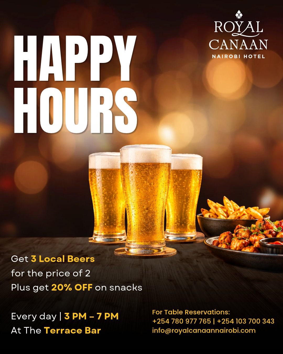 Happy Hour at Royal Canaan Nairobi Hotel | 3–7 PM | Daily at Terrace Bar.

🔰 Enjoy our signature evening ritual: Buy 3 beers, pay for 2 
🔰 Plus Get 20% off select snacks.

An atmosphere designed for those who appreciate quiet sophistication. Arrive early. Stay longer.

Join us | For Table Reservations: +254 780 977 765
.
.
#RoyalCanaanNairobiHotel #TerraceBar #NairobiAfterHours #HappyHours #BeerLovers #Beer #Beergoals #AfterWork