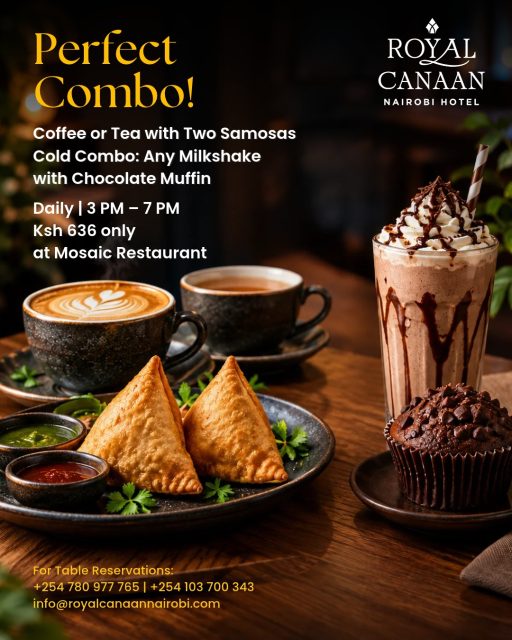 A little afternoon pick-me-up? We’ve got you. ☕🥟

Take a break at Mosaic Restaurant and make your afternoon a little more delicious. Choose coffee or tea with two samosas, or go cold with any milkshake and a chocolate muffin.

Perfect for a quick catch-up, a mid-day treat, or simply some time to yourself.

🕒 Daily | 3 PM – 7 PM 💰 Ksh 636 only
📞 Reserve your table: +254 780 977 765 
.
.
.#RoyalCanaanNairobiHotel #MosaicRestaurant #TeaLovers #Samosa #Muffins #CoffeeAndSamosas #AfternoonTreat #TeaTime #MilkshakeLovers