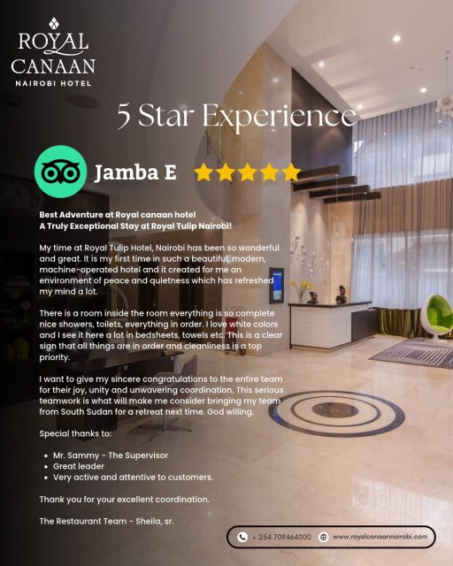 ⭐ A stay that makes you feel at ease.

Thank you, Jamba E, for your wonderful review! We're delighted that you enjoyed the peaceful atmosphere, cleanliness, comfortable surroundings, and attentive service from our team.

Located near Nairobi's CBD and key business destinations, @royalcanaannairobihotel  is a welcoming choice for your next business trip.

🏨 Planning a business stay? Check availability today!

🌐 Book Direct: https://royalcanaannairobi.com
📲 WhatsApp: 0780 977 765
.
.
#RoyalCanaanNairobiHotel #GuestReview #Feedback #GuestSatisfaction #BusinessTravel #NairobiHotels #BusinessStay #BookDirect #GuestExperience