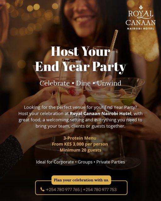 Planning your year-end celebration? 🥂

Bring your team, clients or guests together for an evening of good food, great company and memorable moments at @royalcanaannairobihotel 

Our 3-Protein Menu starts from KES 3,000 per person, with a minimum of 20 guests — ideal for corporate end-of-year parties, group celebrations and private events.

♿ Our venues are PLWD-friendly, ensuring your celebration is welcoming and accessible to all your guests.

Make it a celebration worth remembering. ✨

📞 Plan your celebration with us:
+254 780 977 765 | +254 780 977 753
.
.
#RoyalCanaanNairobiHotel #YearEndCelebration #CorporateEventsNairobi #EndOfYearParty #NairobiEvents #CorporateParties #PrivateEvents #GroupCelebrations #InclusiveEvents #AccessibleEvents #NairobiHotels