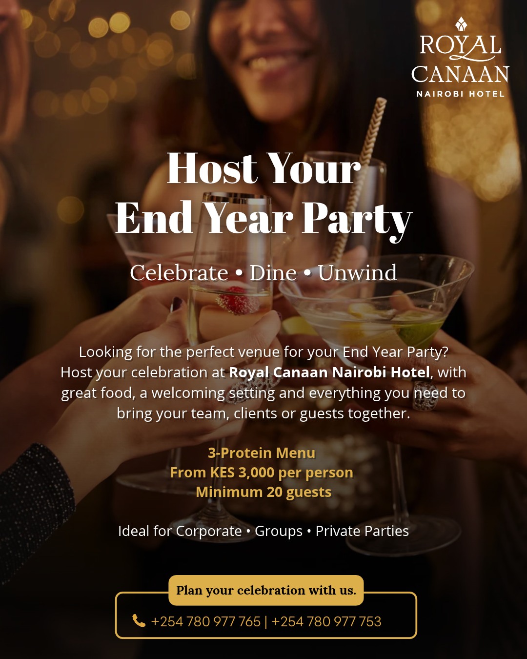 Planning your year-end celebration? 🥂

Bring your team, clients or guests together for an evening of good food, great company and memorable moments at @royalcanaannairobihotel 

Our 3-Protein Menu starts from KES 3,000 per person, with a minimum of 20 guests — ideal for corporate end-of-year parties, group celebrations and private events.

♿ Our venues are PLWD-friendly, ensuring your celebration is welcoming and accessible to all your guests.

Make it a celebration worth remembering. ✨

📞 Plan your celebration with us:
+254 780 977 765 | +254 780 977 753
.
.
#RoyalCanaanNairobiHotel #YearEndCelebration #CorporateEventsNairobi #EndOfYearParty #NairobiEvents #CorporateParties #PrivateEvents #GroupCelebrations #InclusiveEvents #AccessibleEvents #NairobiHotels